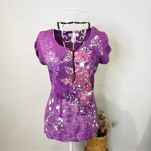 Cute vintage y2k purple tight sparkly floral rose grunge baby tee/ top